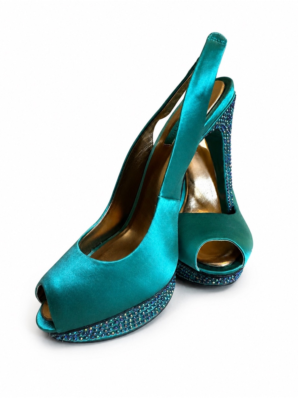 Teal Satin Peep-Toe Slingback Heels with Crystal Platform